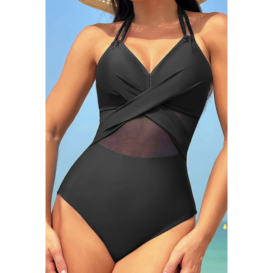 Crisscross Halter Neck One-Piece Swimwear Black / S Apparel and Accessories