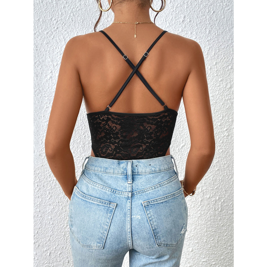 Crisscross Lace Spaghetti Strap Bodysuit Apparel and Accessories