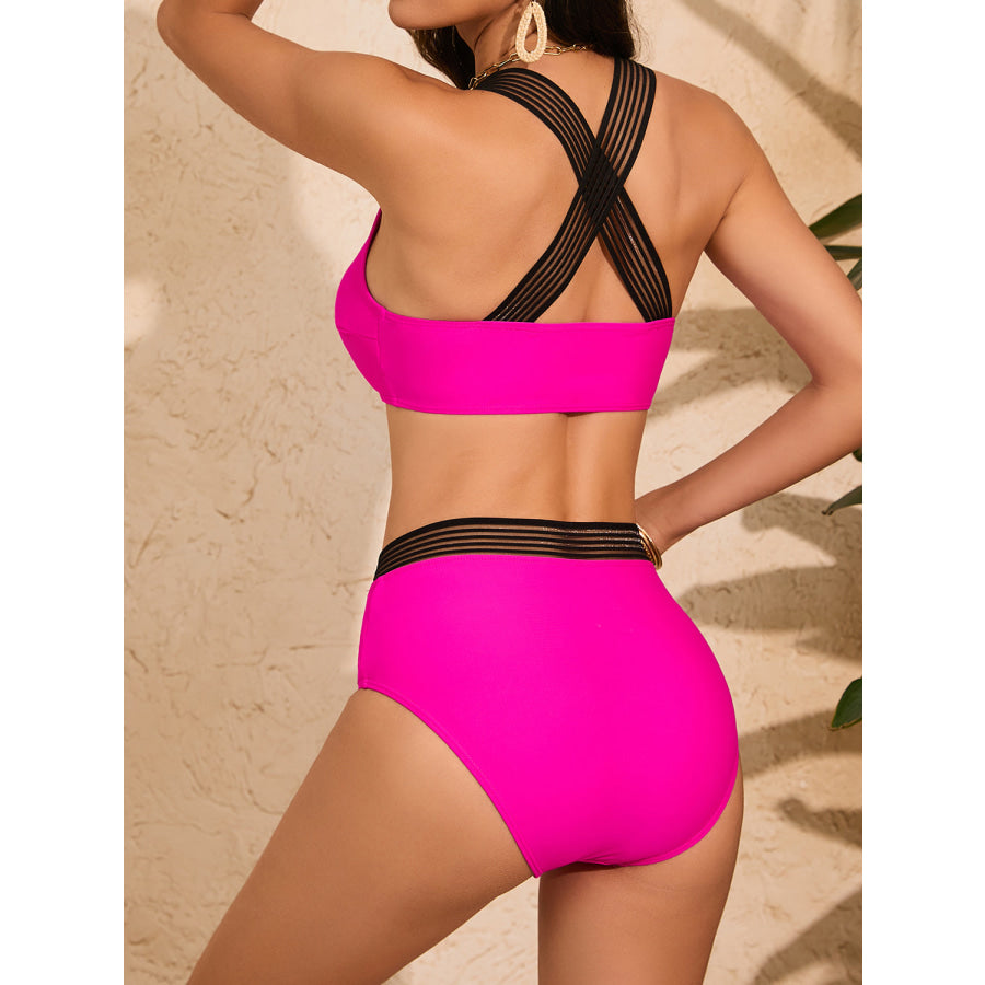 Crisscross Wide Strap Two-Piece Swim Set Hot Pink / S Apparel and Accessories