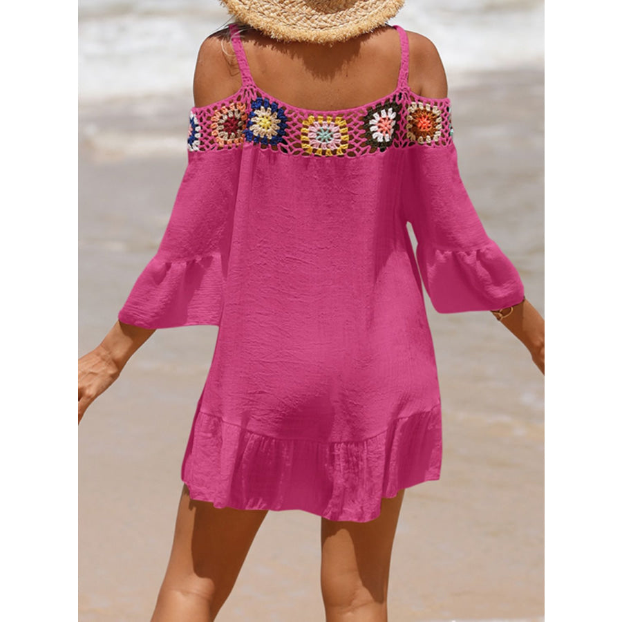 Crochet Cold Shoulder Three-Quarter Sleeve Cover Up Apparel and Accessories