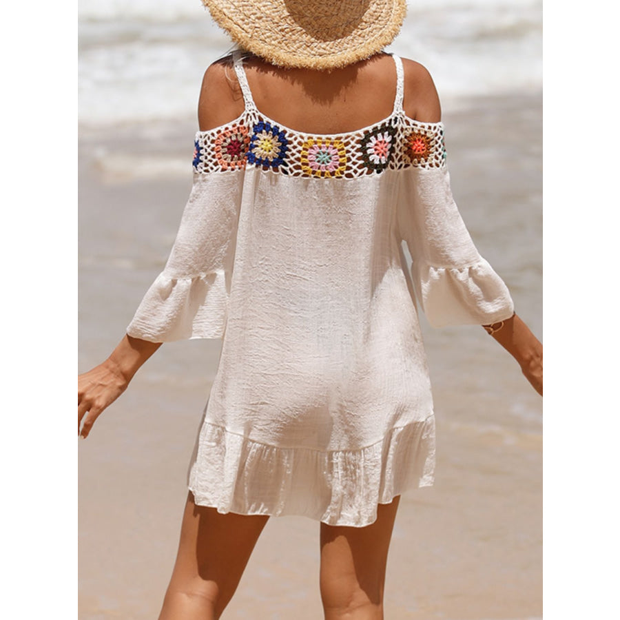 Crochet Cold Shoulder Three-Quarter Sleeve Cover Up White / One Size Apparel and Accessories