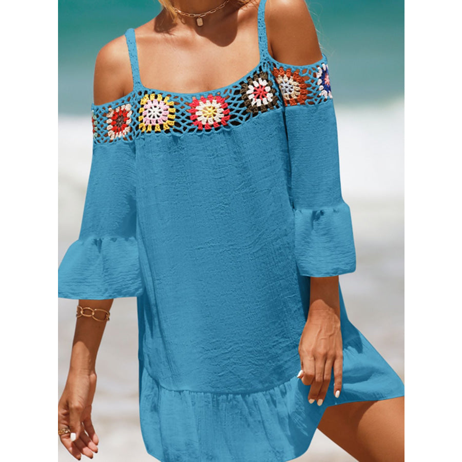 Crochet Cold Shoulder Three-Quarter Sleeve Cover Up Apparel and Accessories
