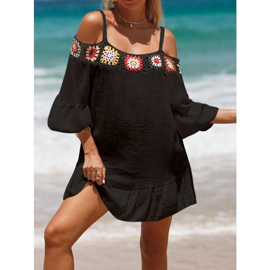Crochet Cold Shoulder Three-Quarter Sleeve Cover Up Black / One Size Apparel and Accessories