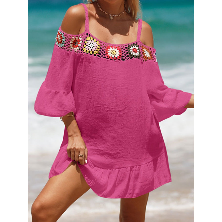 Crochet Cold Shoulder Three-Quarter Sleeve Cover Up Hot Pink / One Size Apparel and Accessories