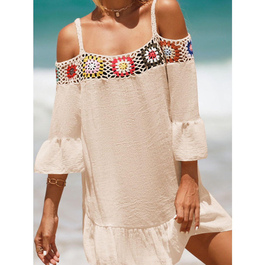 Crochet Cold Shoulder Three-Quarter Sleeve Cover Up Sand / One Size Apparel and Accessories