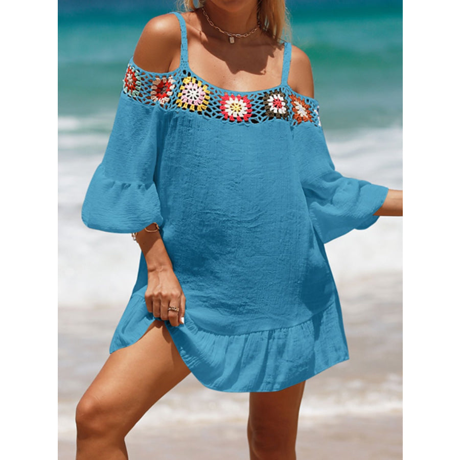 Crochet Cold Shoulder Three-Quarter Sleeve Cover Up Sky Blue / One Size Apparel and Accessories