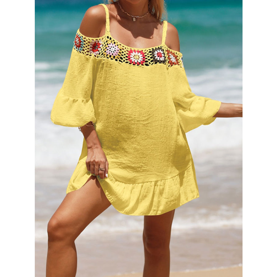Crochet Cold Shoulder Three-Quarter Sleeve Cover Up True Yellow / One Size Apparel and Accessories