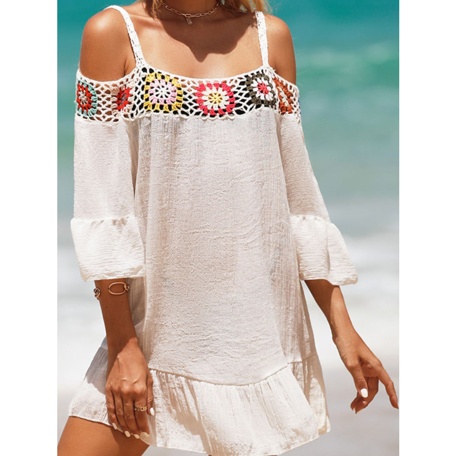 Crochet Cold Shoulder Three-Quarter Sleeve Cover Up White / One Size Apparel and Accessories