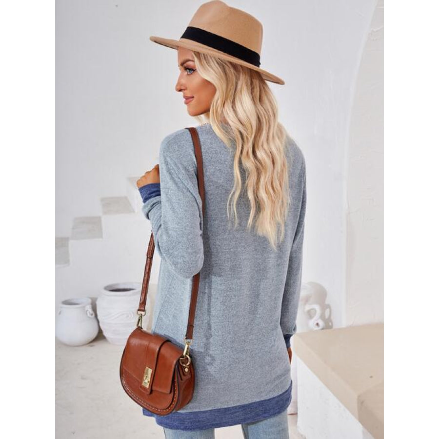 Crochet Contrast V-Neck Long Sleeve Slit T-Shirt