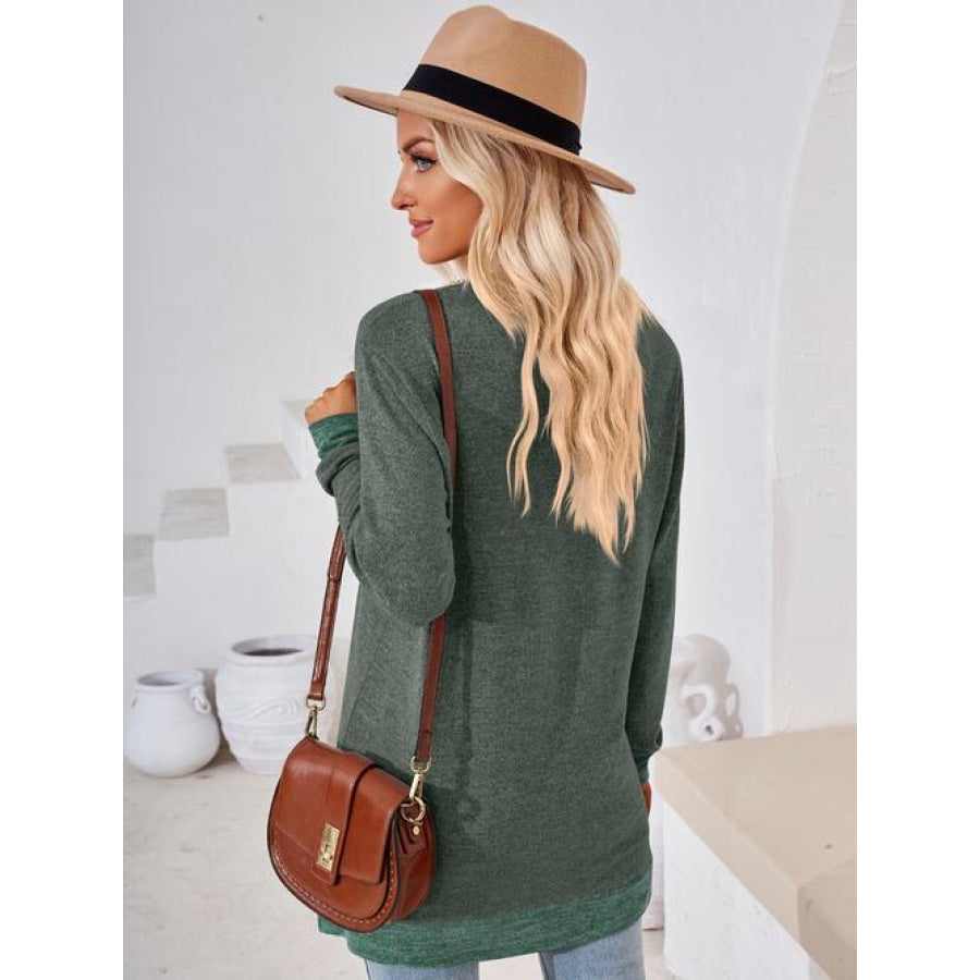 Crochet Contrast V-Neck Long Sleeve Slit T-Shirt