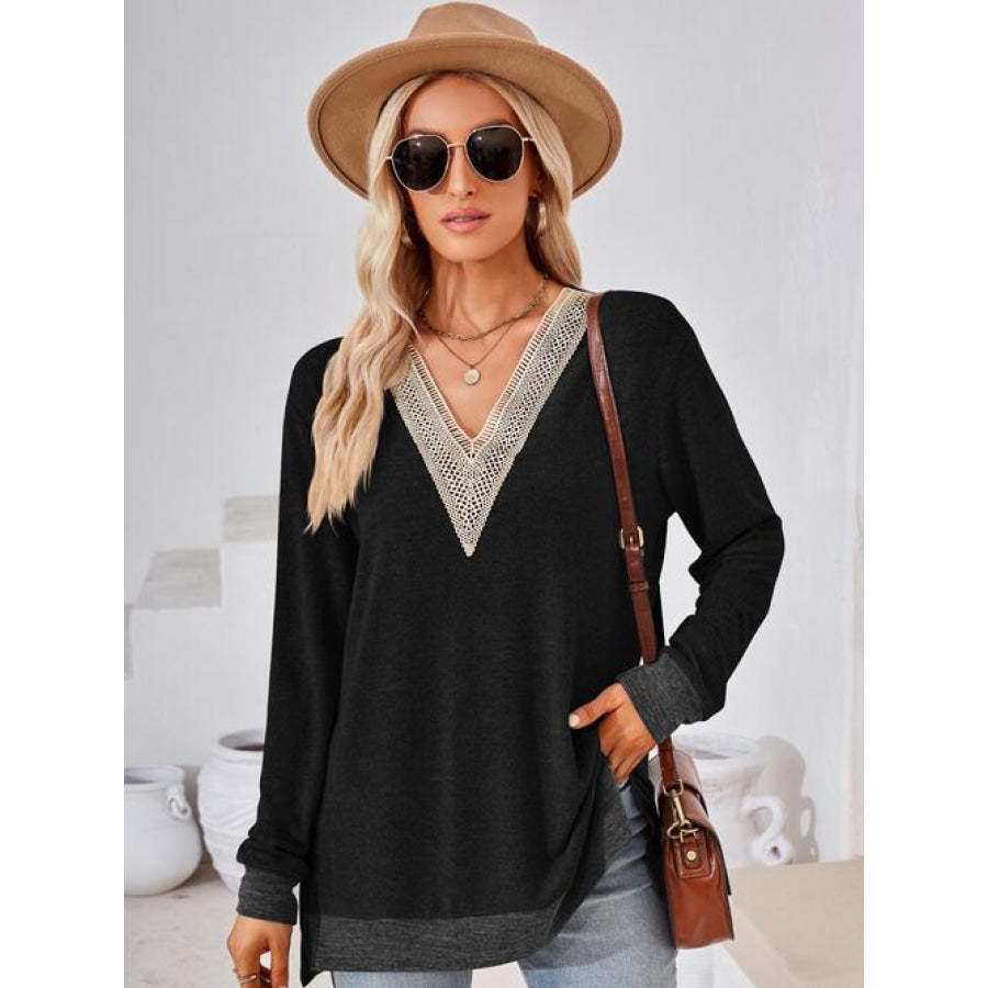 Crochet Contrast V-Neck Long Sleeve Slit T-Shirt