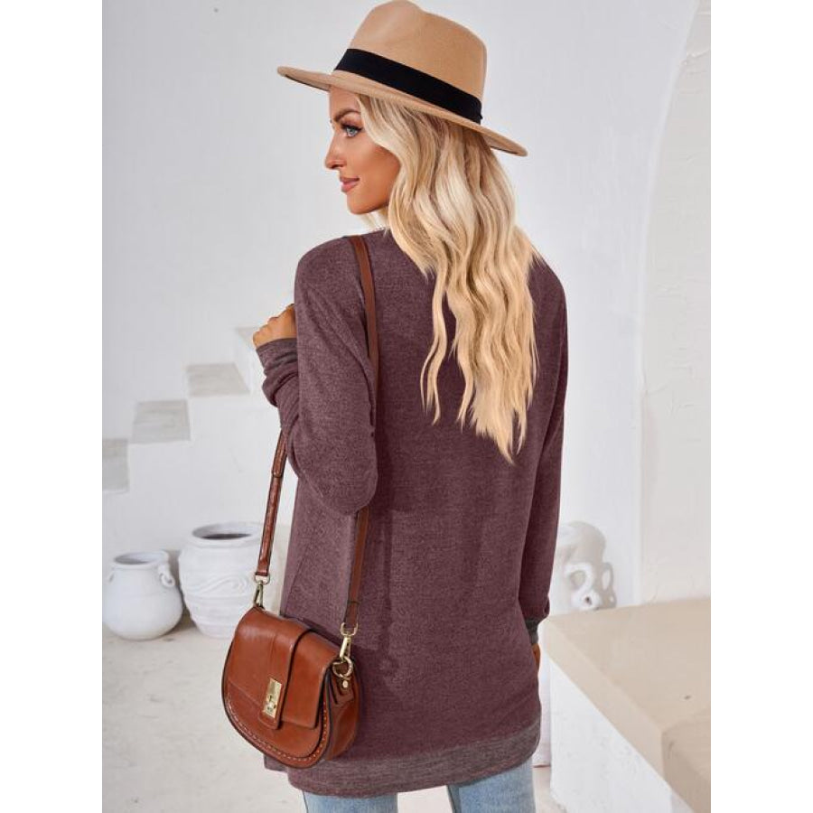 Crochet Contrast V-Neck Long Sleeve Slit T-Shirt