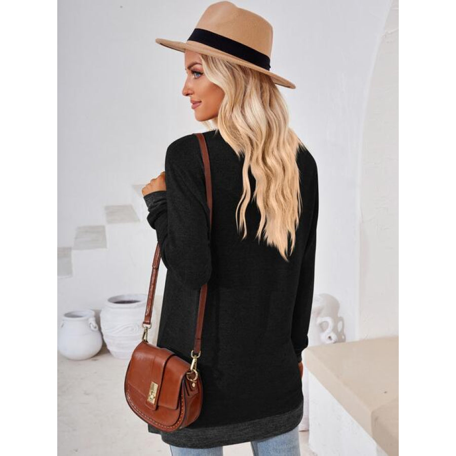 Crochet Contrast V-Neck Long Sleeve Slit T-Shirt