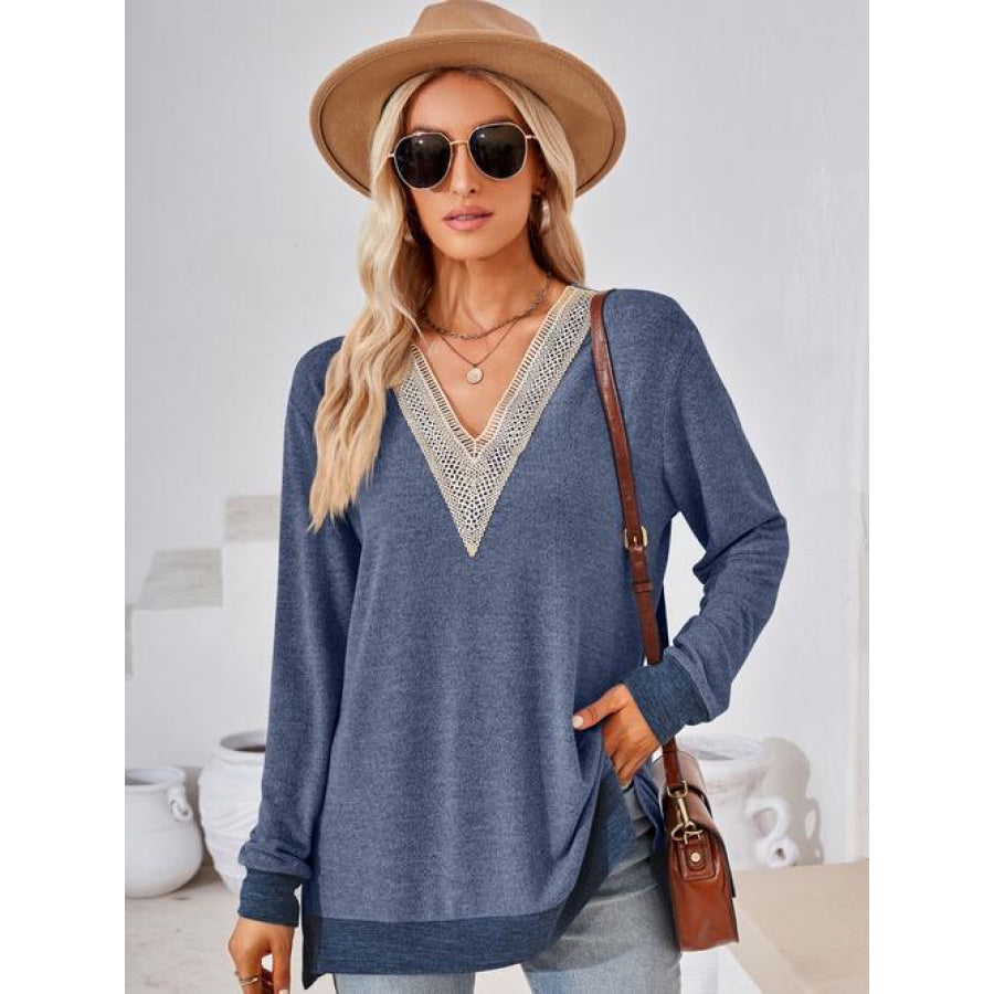 Crochet Contrast V-Neck Long Sleeve Slit T-Shirt