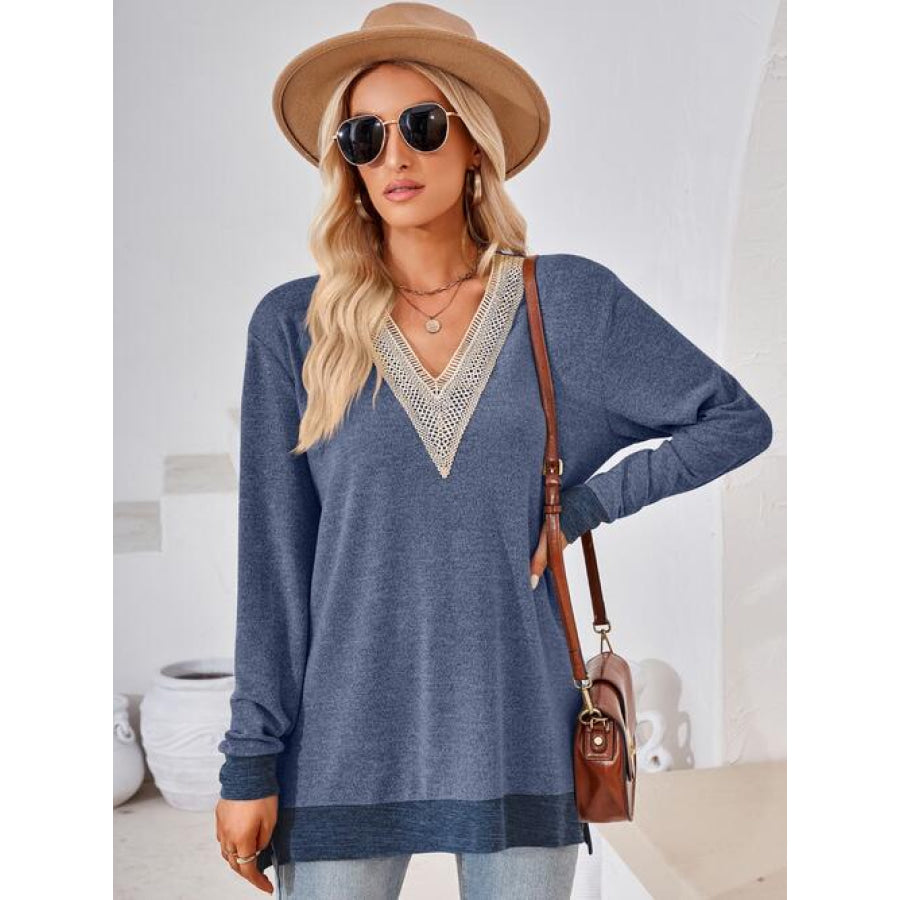 Crochet Contrast V-Neck Long Sleeve Slit T-Shirt