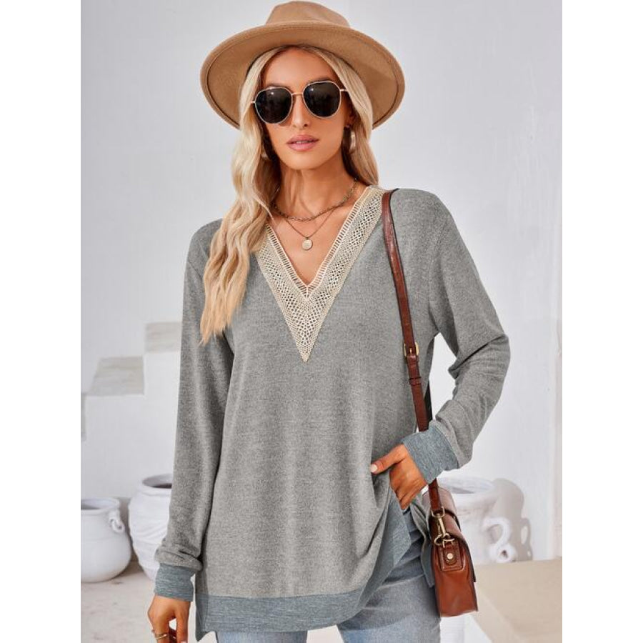 Crochet Contrast V-Neck Long Sleeve Slit T-Shirt