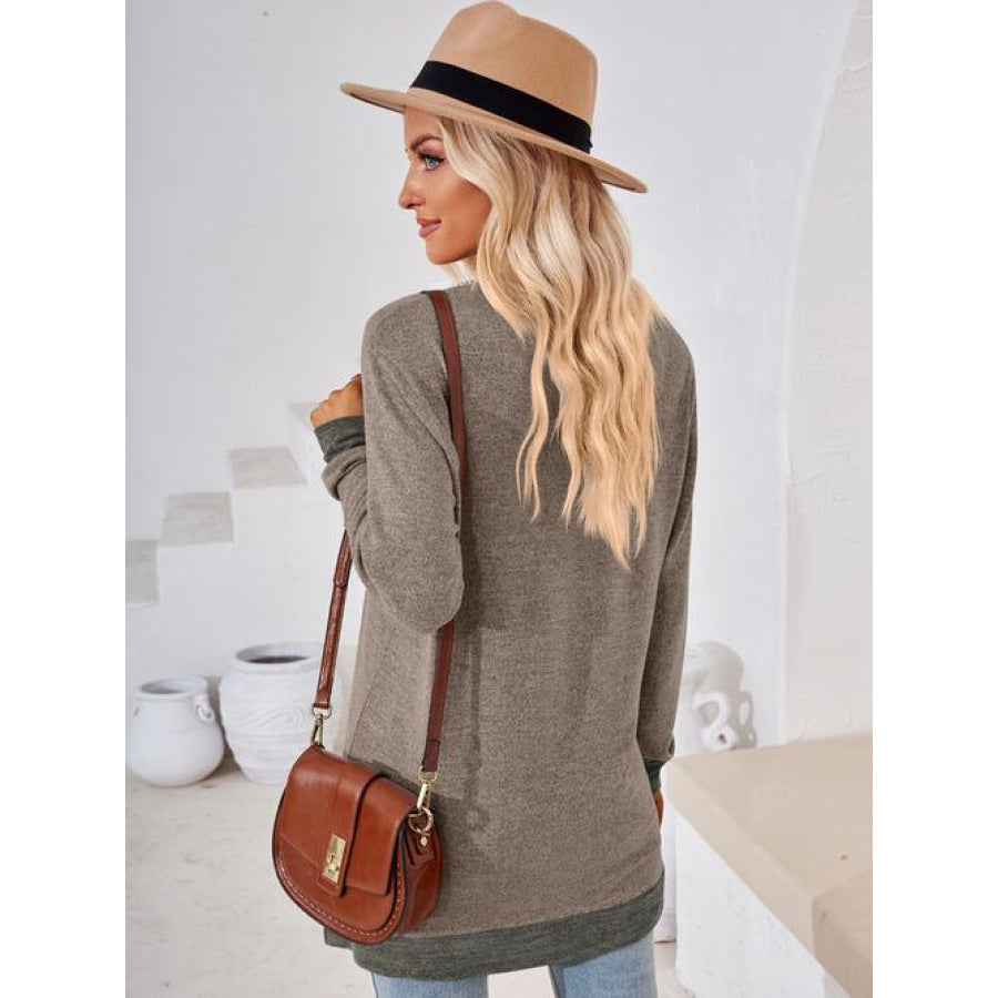 Crochet Contrast V-Neck Long Sleeve Slit T-Shirt