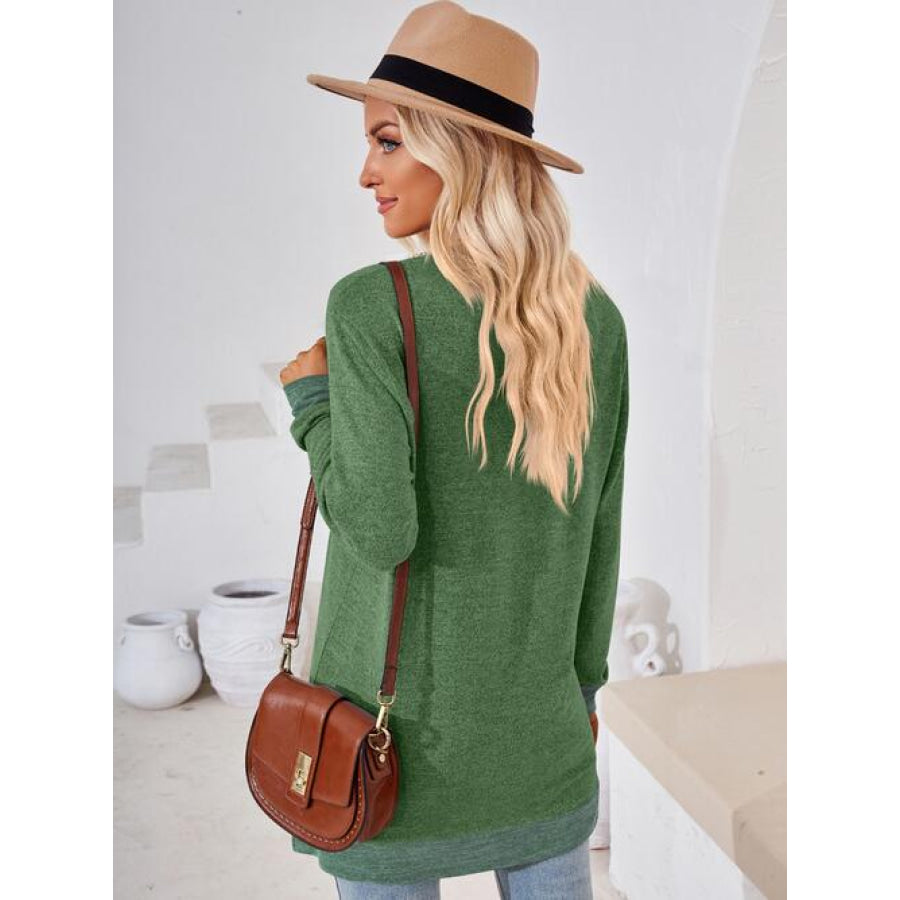 Crochet Contrast V-Neck Long Sleeve Slit T-Shirt