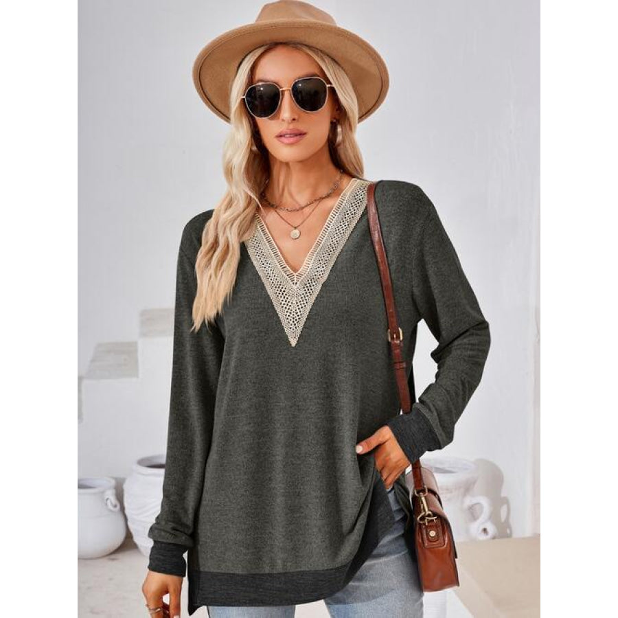 Crochet Contrast V-Neck Long Sleeve Slit T-Shirt