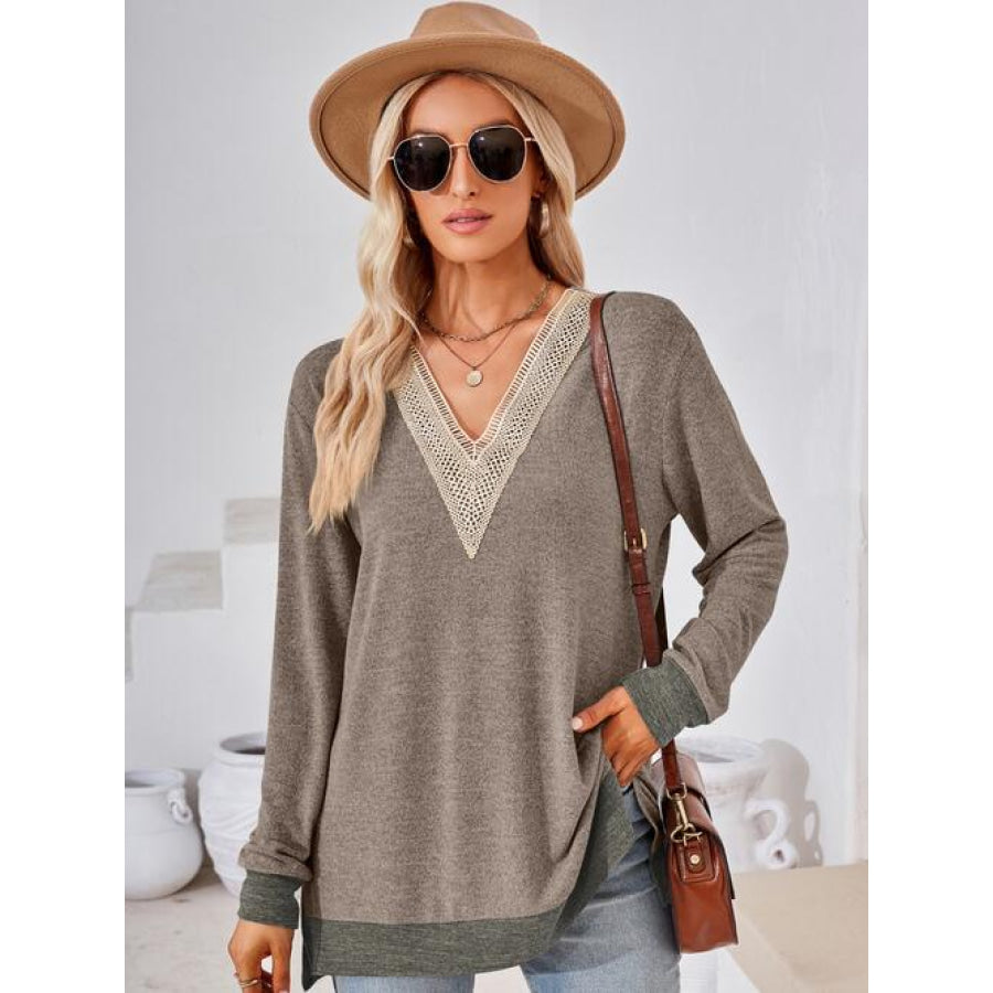 Crochet Contrast V-Neck Long Sleeve Slit T-Shirt