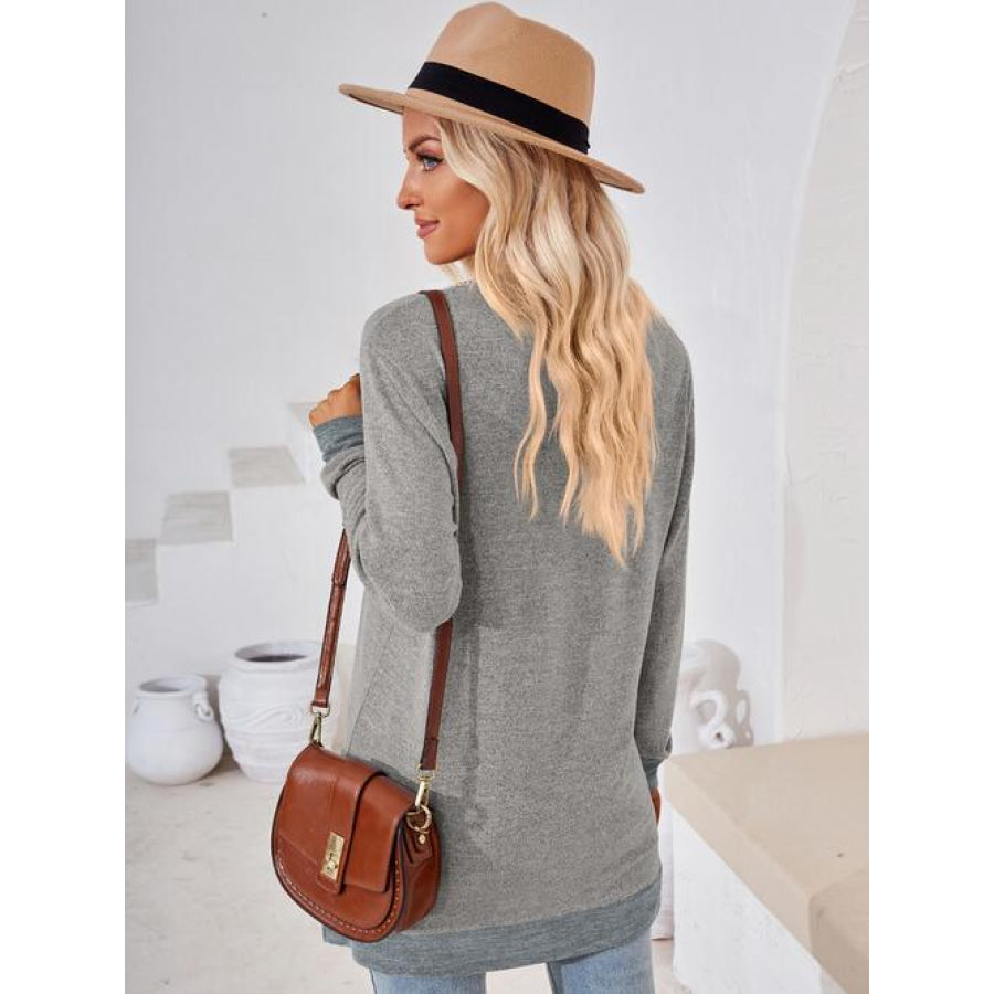 Crochet Contrast V-Neck Long Sleeve Slit T-Shirt
