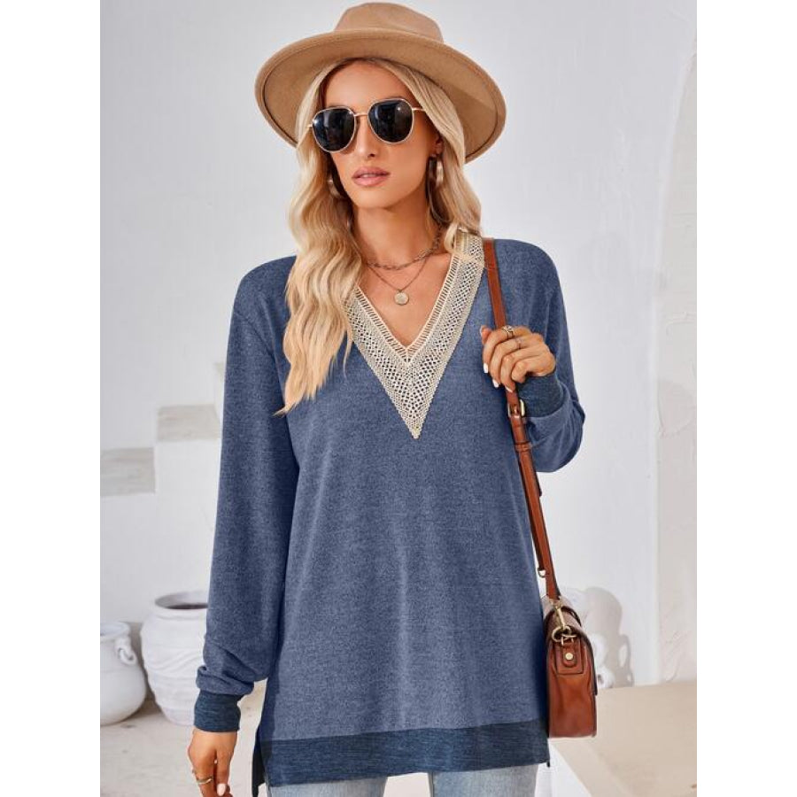 Crochet Contrast V-Neck Long Sleeve Slit T-Shirt