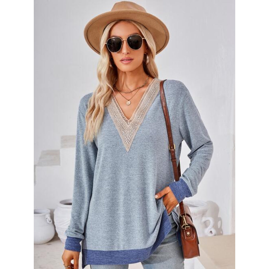 Crochet Contrast V-Neck Long Sleeve Slit T-Shirt