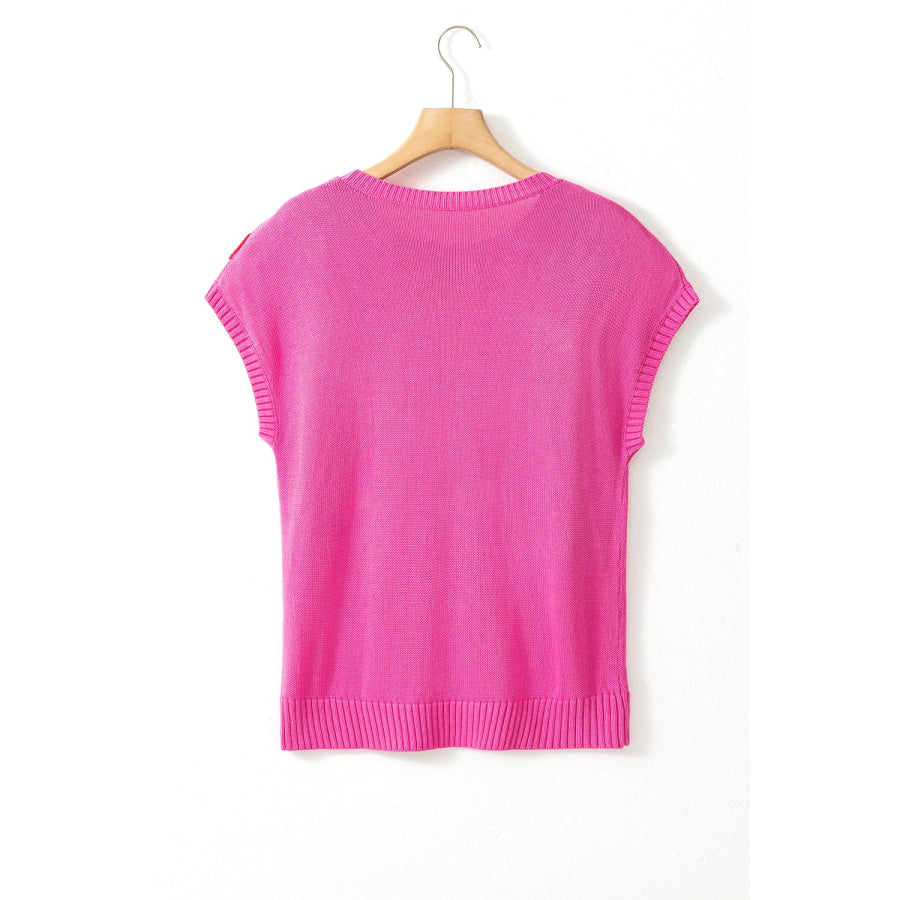 Crochet Flower Round Neck Cap Sleeve Sweater Apparel and Accessories