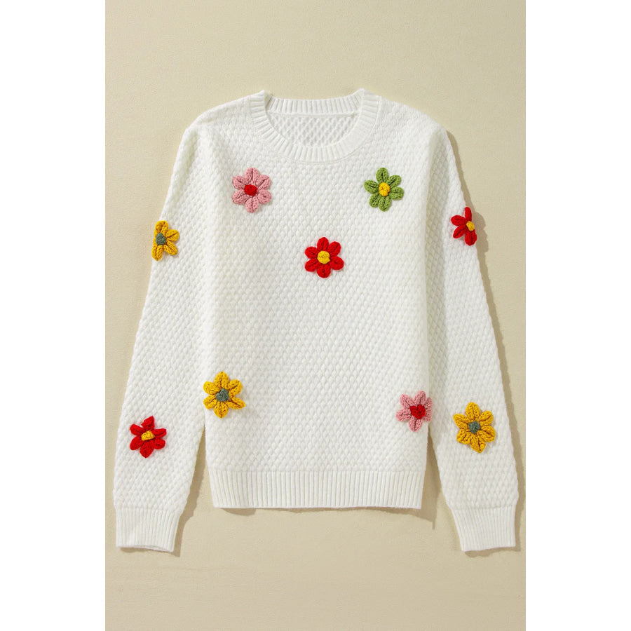 Crochet Flower Round Neck Sweater Apparel and Accessories