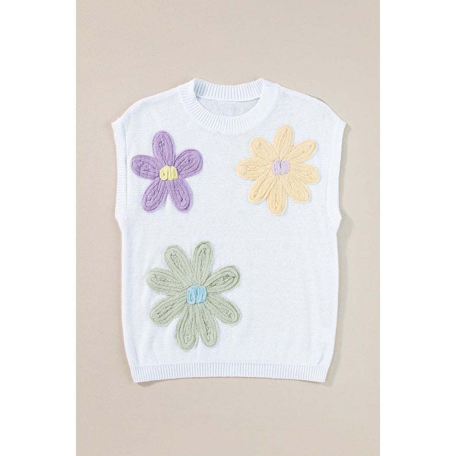 Crochet Flower Round Neck Sweater Vest Apparel and Accessories