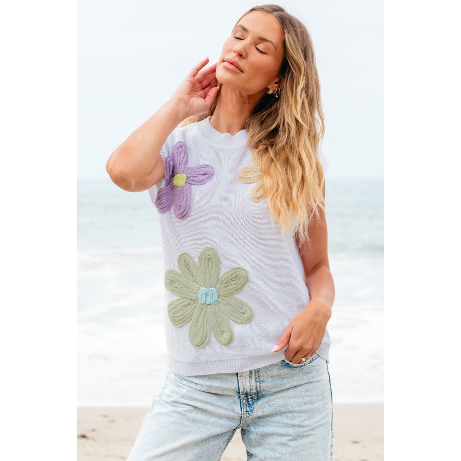 Crochet Flower Round Neck Sweater Vest Apparel and Accessories