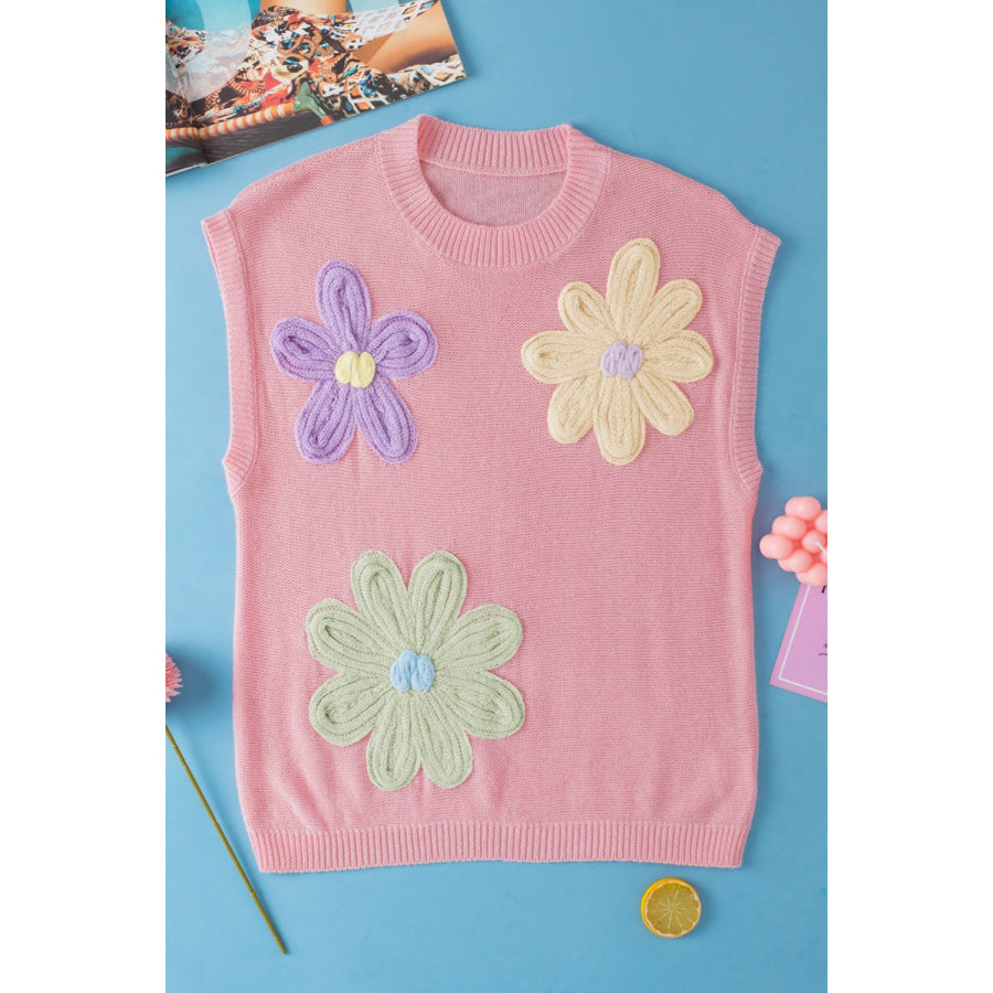 Crochet Flower Round Neck Sweater Vest Dusty Pink / S Apparel and Accessories