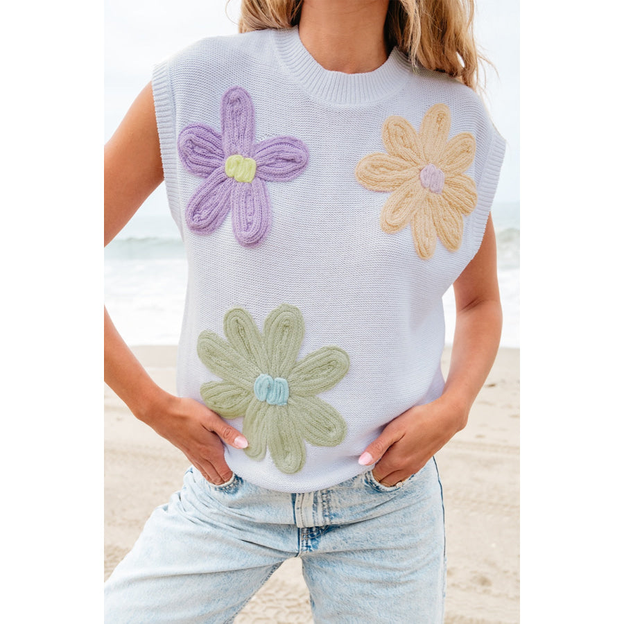 Crochet Flower Round Neck Sweater Vest White / S Apparel and Accessories