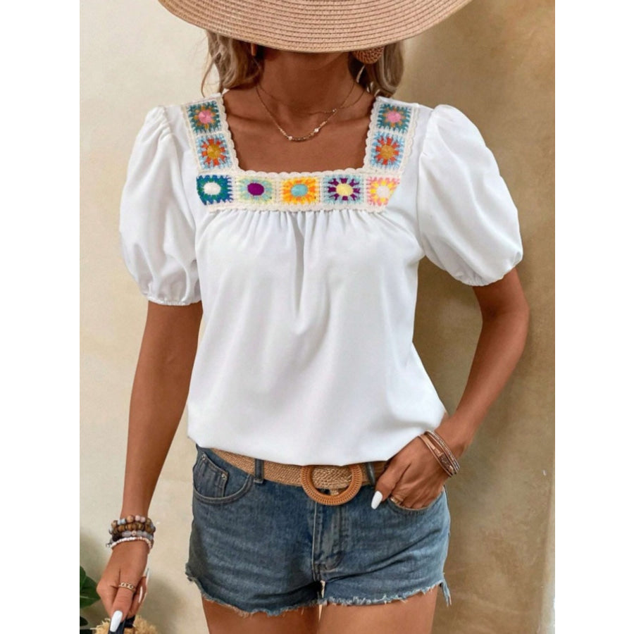 Crochet Square Neck Short Sleeve Blouse Apparel and Accessories