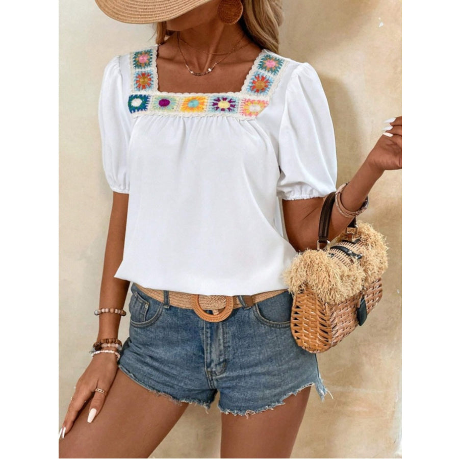 Crochet Square Neck Short Sleeve Blouse Apparel and Accessories