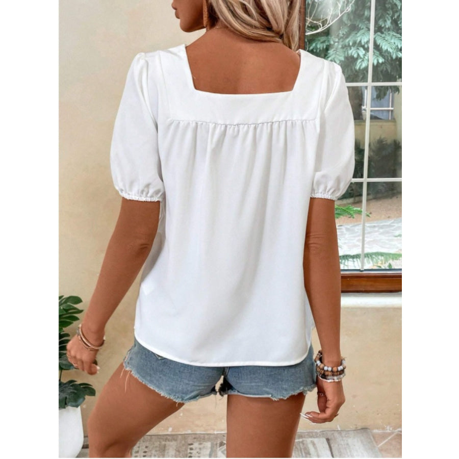 Crochet Square Neck Short Sleeve Blouse White / S Apparel and Accessories