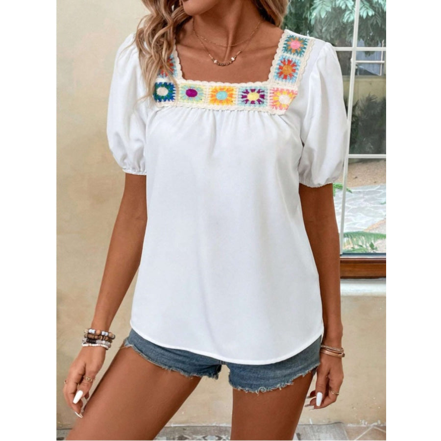 Crochet Square Neck Short Sleeve Blouse White / S Apparel and Accessories