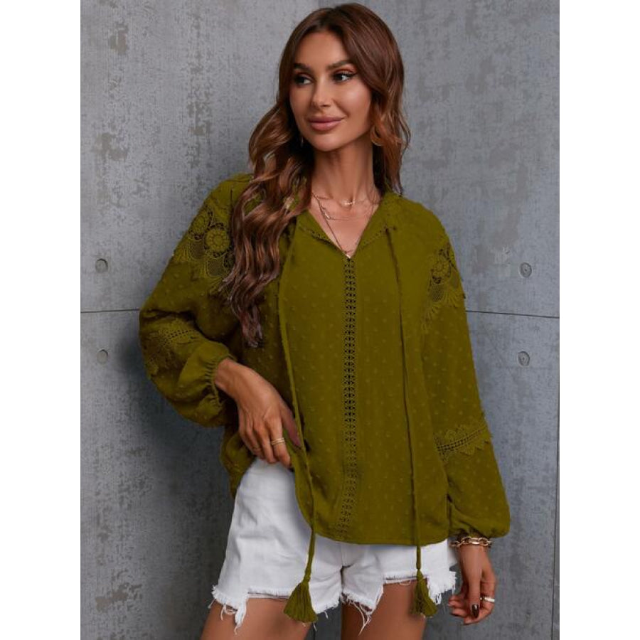 Crochet Tassel Tie Neck Long Sleeve Blouse Moss / S