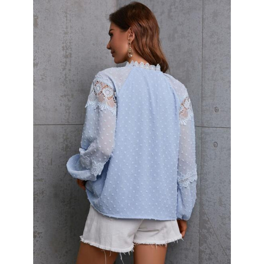 Crochet Tassel Tie Neck Long Sleeve Blouse Misty Blue / S