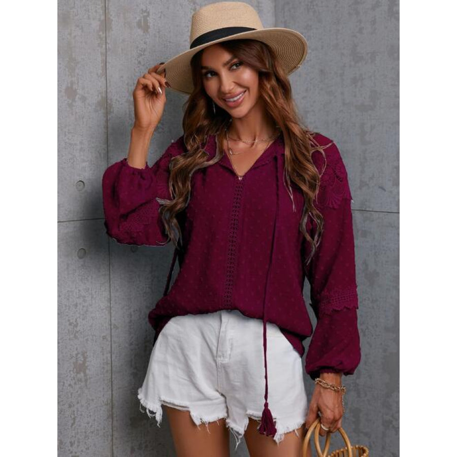 Crochet Tassel Tie Neck Long Sleeve Blouse
