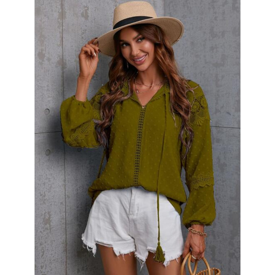 Crochet Tassel Tie Neck Long Sleeve Blouse