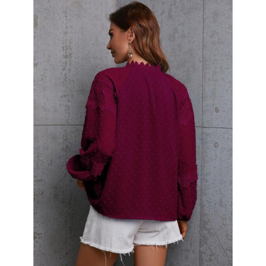 Crochet Tassel Tie Neck Long Sleeve Blouse