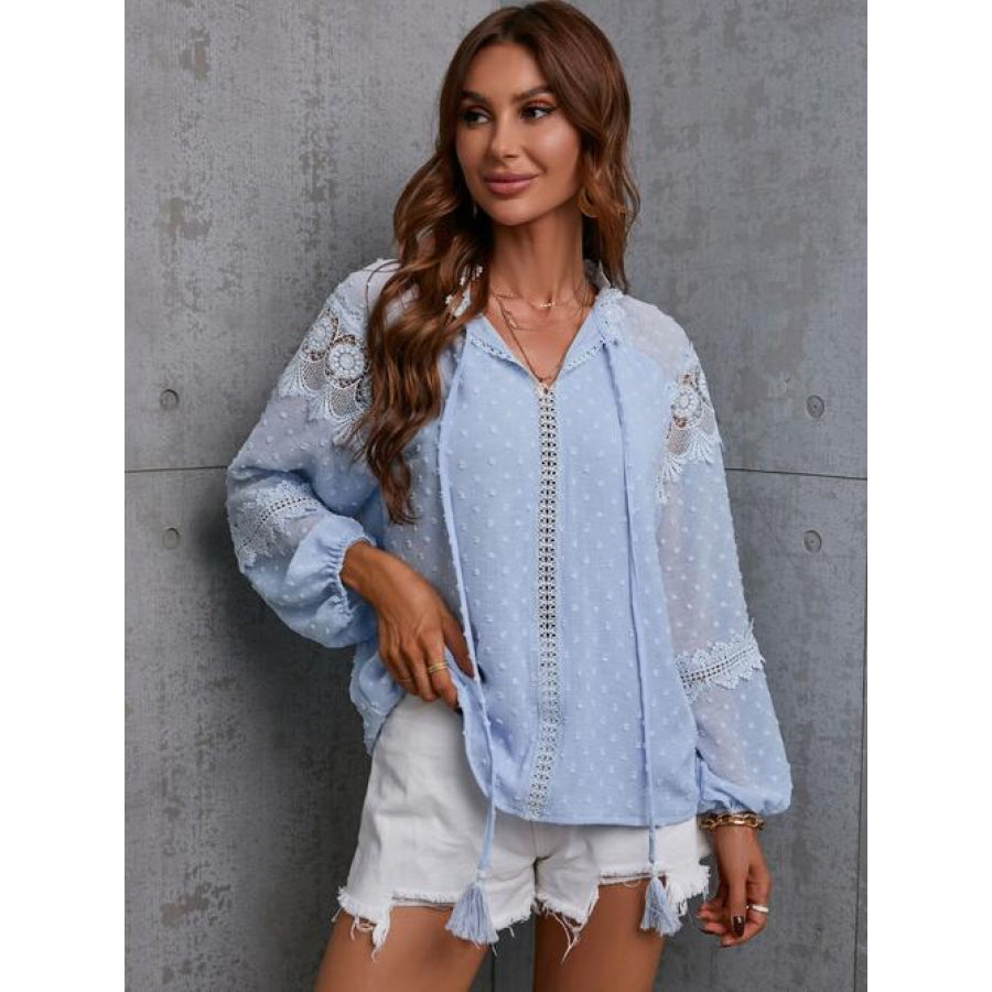 Crochet Tassel Tie Neck Long Sleeve Blouse