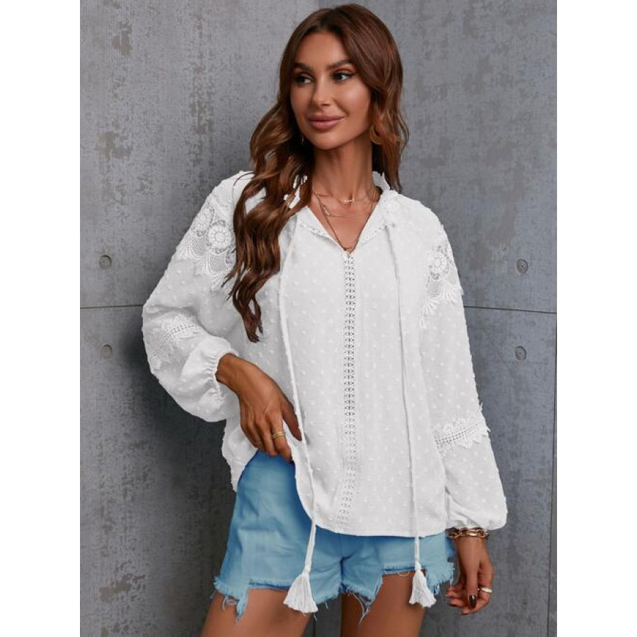Crochet Tassel Tie Neck Long Sleeve Blouse White / S