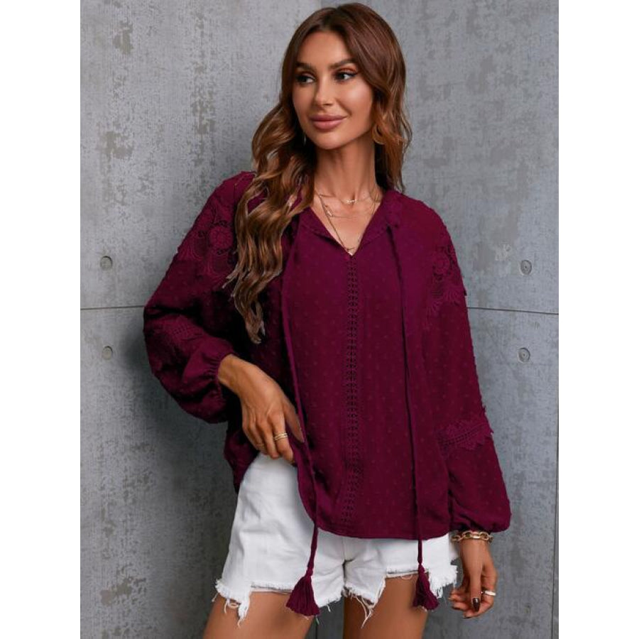 Crochet Tassel Tie Neck Long Sleeve Blouse Wine / S