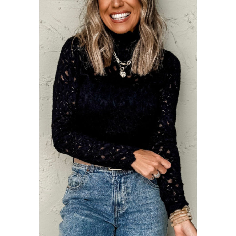 Crochet Turtleneck Long Sleeve Top Apparel and Accessories