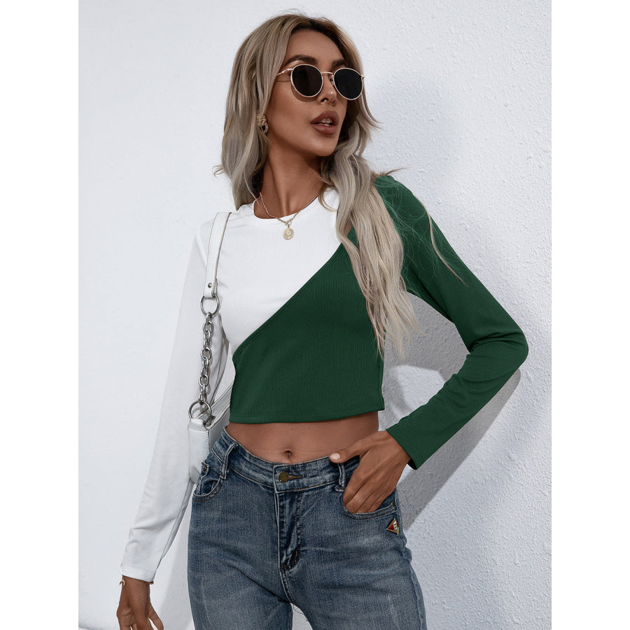 Croopped Contrast Color Round Neck Short Sleeve Tee Green / S