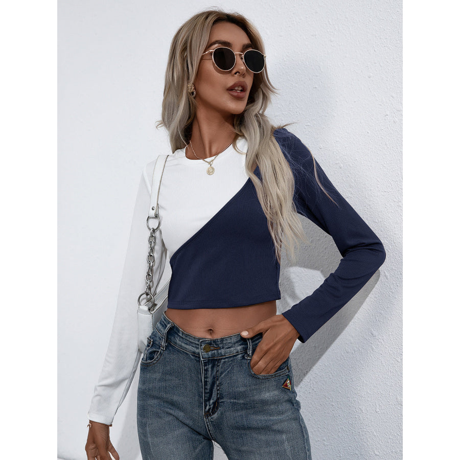 Croopped Contrast Color Round Neck Short Sleeve Tee Navy / S