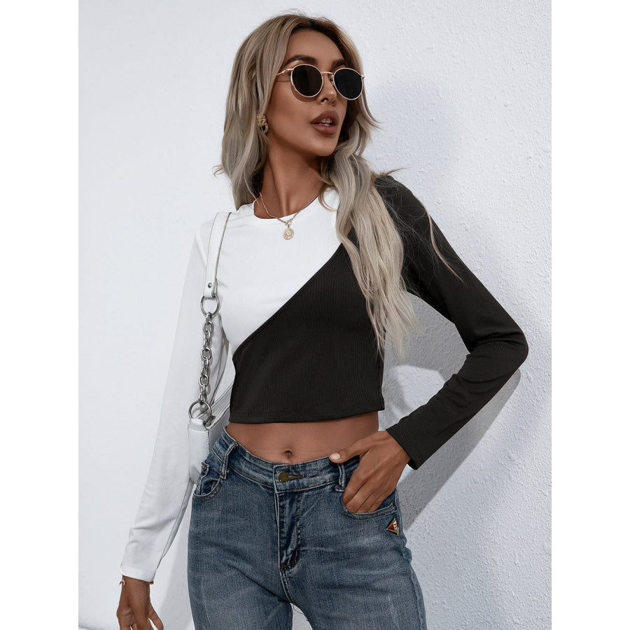 Croopped Contrast Color Round Neck Short Sleeve Tee