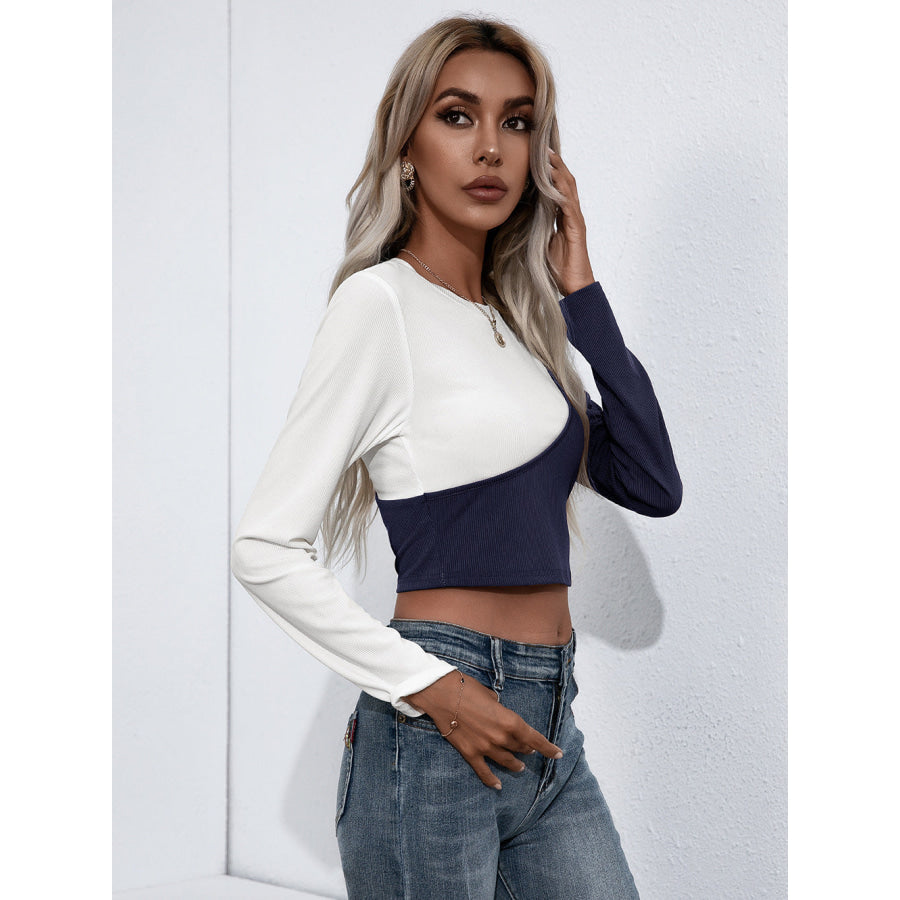 Croopped Contrast Color Round Neck Short Sleeve Tee